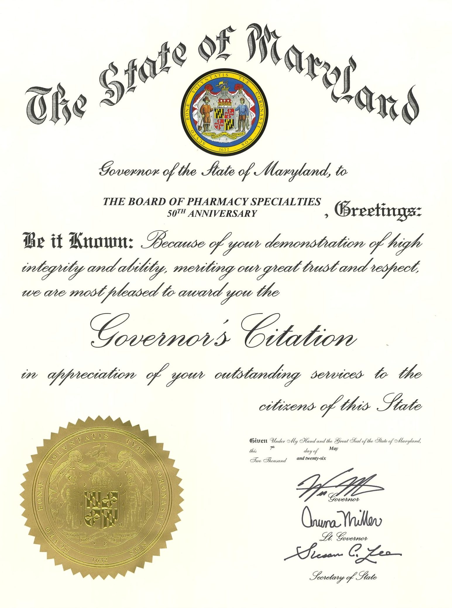 Citation from Maryland Governor Wes Moore recognition BPS Board Certification