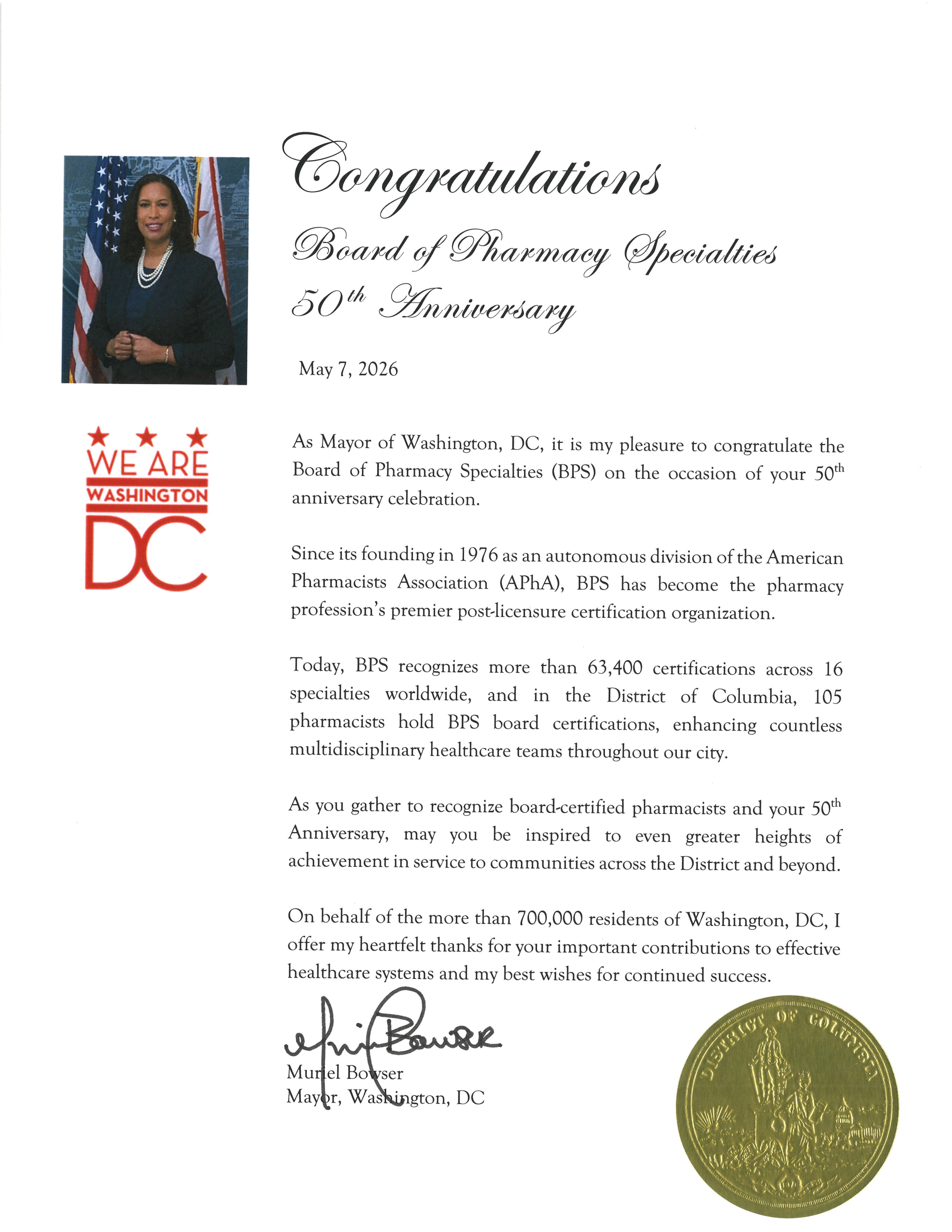 Citation from D.C. Mayor Muriel Bowser in recognition of BPS Board Certification