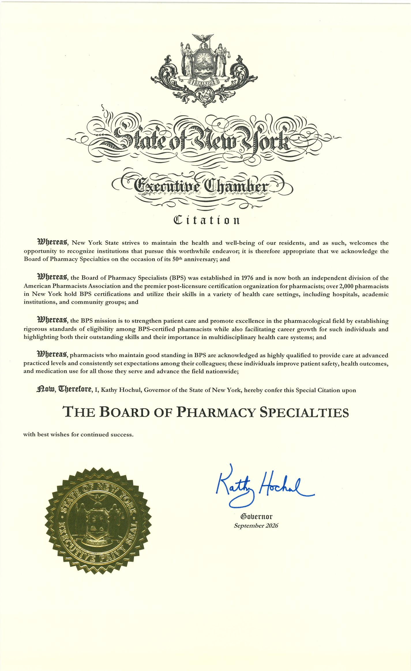 Citation from New York Governor Kathy Hochul in recognition of BPS Board Certification