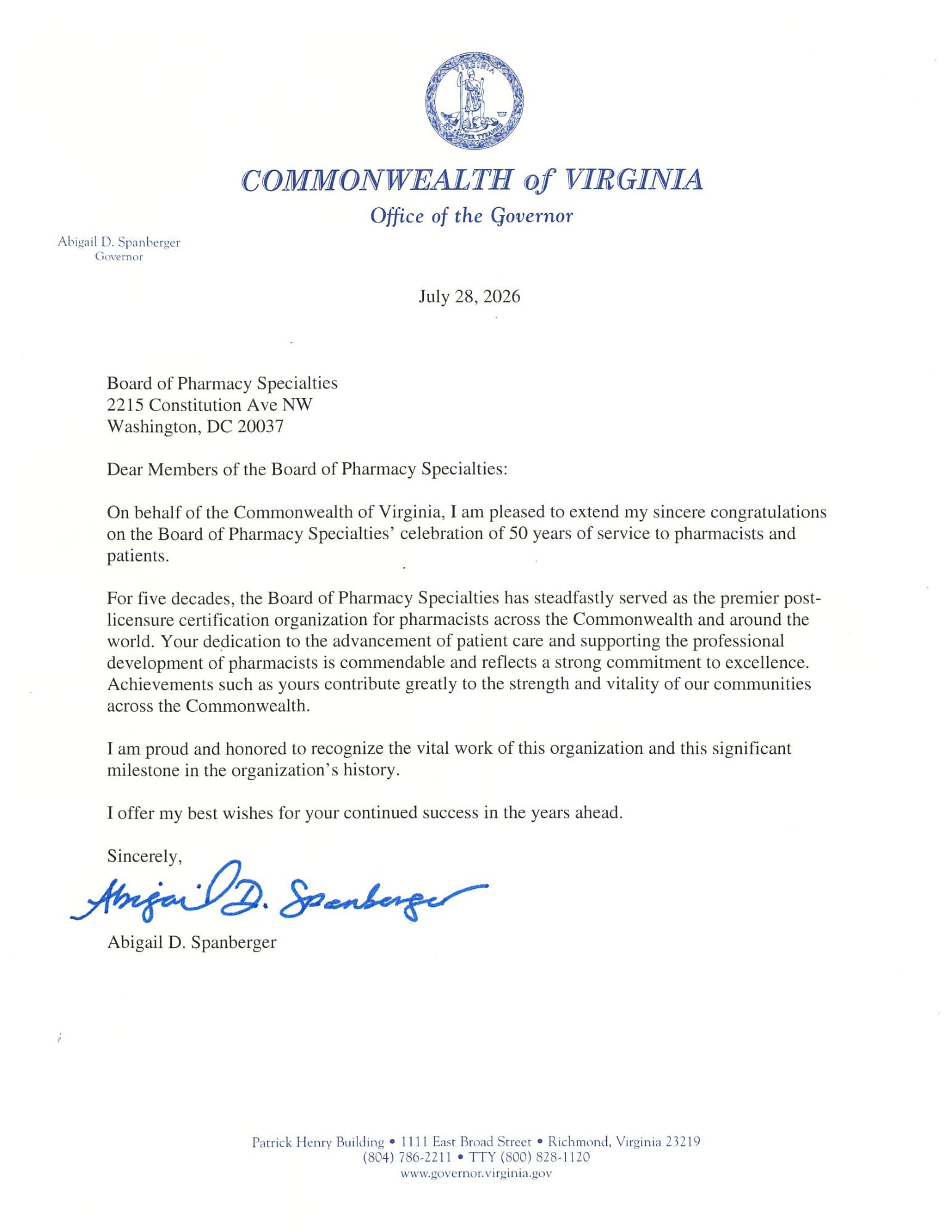 Citation from Virginia Governor Abigail Spanberger in recognition of BPS Board Certification